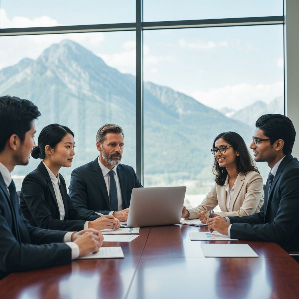 Business team in meeting with mountain view